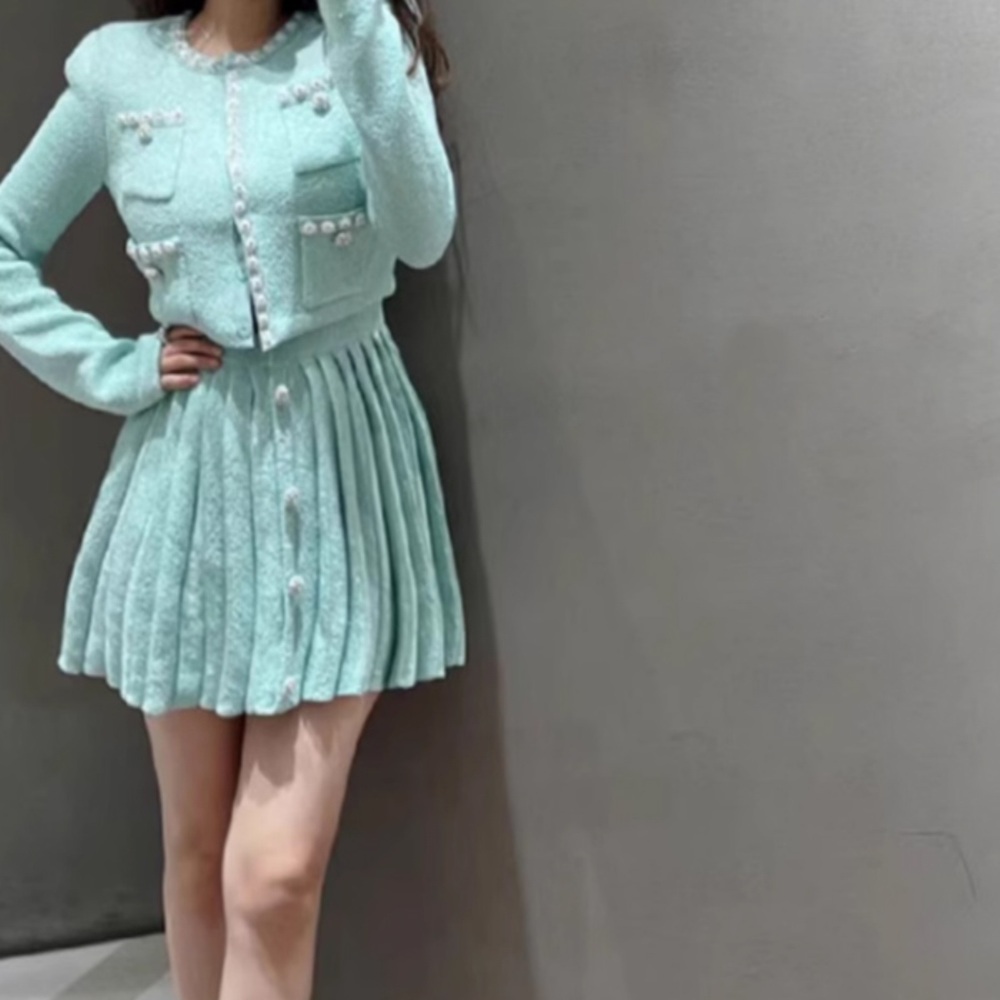 스팽글 가디건 플리츠 스커트 셋업 여성 슬림 블렌드 치마 미디 겨울 골지 무지 - 상세 이미지 2