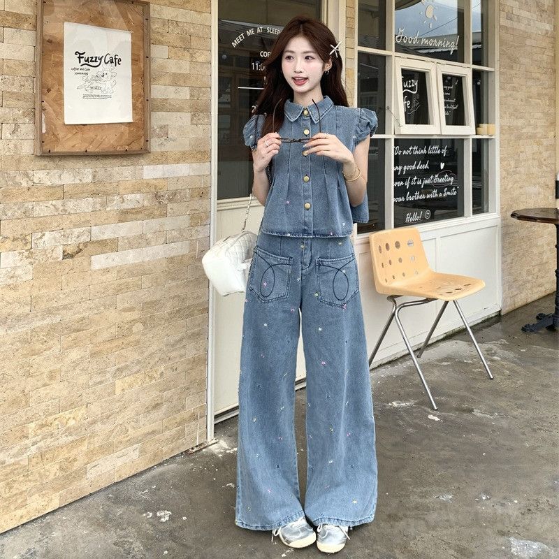 여성 데님 자수 민소매 퍼프 카라 블라우스 와이드 팬츠 투피스 셋업 캐주얼 데일리 청청 코디 봄 여름 - 메인 이미지