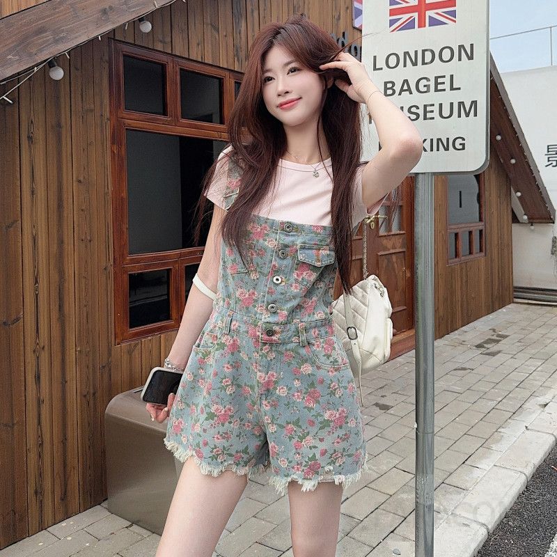 여성 플라워 패턴 데님 멜빵 숏팬츠 꽃무늬 캐주얼 루즈핏 편안한 데일리룩 일상복 멜빵바지 반바지 코디룩 봄 여름 - 상품 이미지