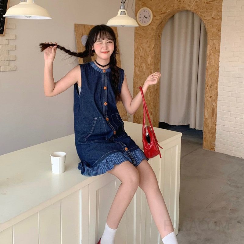 여성 라운드넥 민소매 H라인 데님 원피스 워싱 하이웨스트 버튼 롱 청원피스 데일리 오피스룩 봄 여름