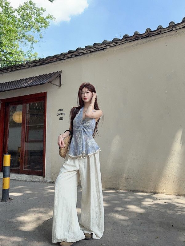여성 홀터넥 민소매 블라우스 레이스 패치워크 프린팅 얇은 루즈핏 데일리 여름 상의 봄 여름 - 상세 이미지 3