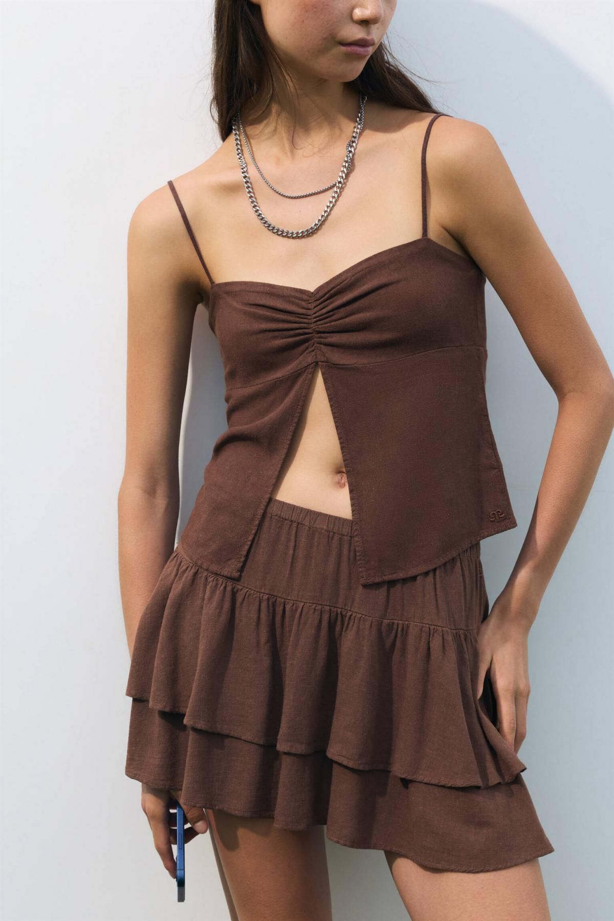 풀앤베어 러플 린넨블렌드 미니 스커트 7400/320 BROWN - 상세 이미지 2