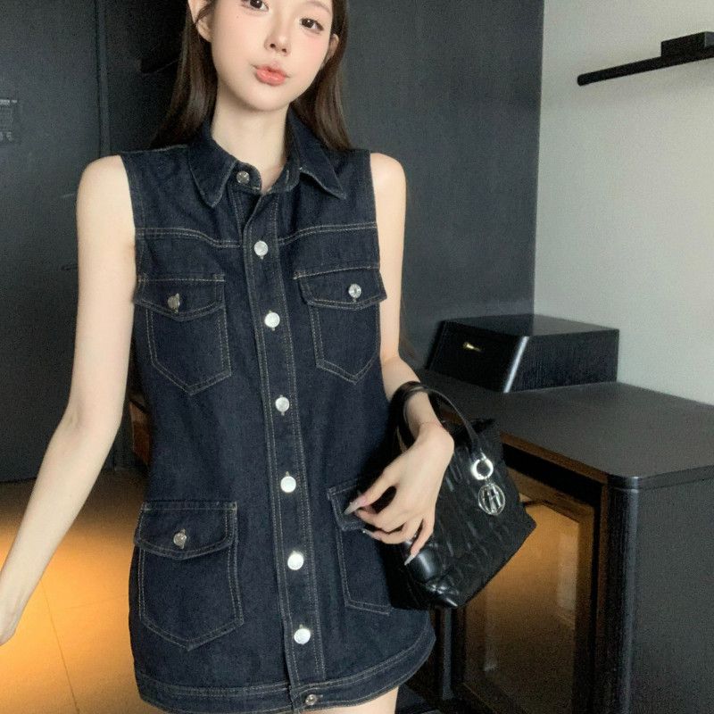 여성 캐주얼 데님 민소매 원피스 버튼업 카라 셔츠 포켓 루즈핏 미니 원피스 데일리룩 봄 여름 - 상세 이미지 5