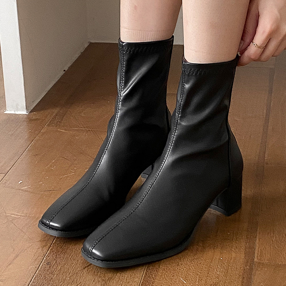 가죽 앵클부츠힐 삭스 스판 스퀘어 발목 숏 앵글 부츠