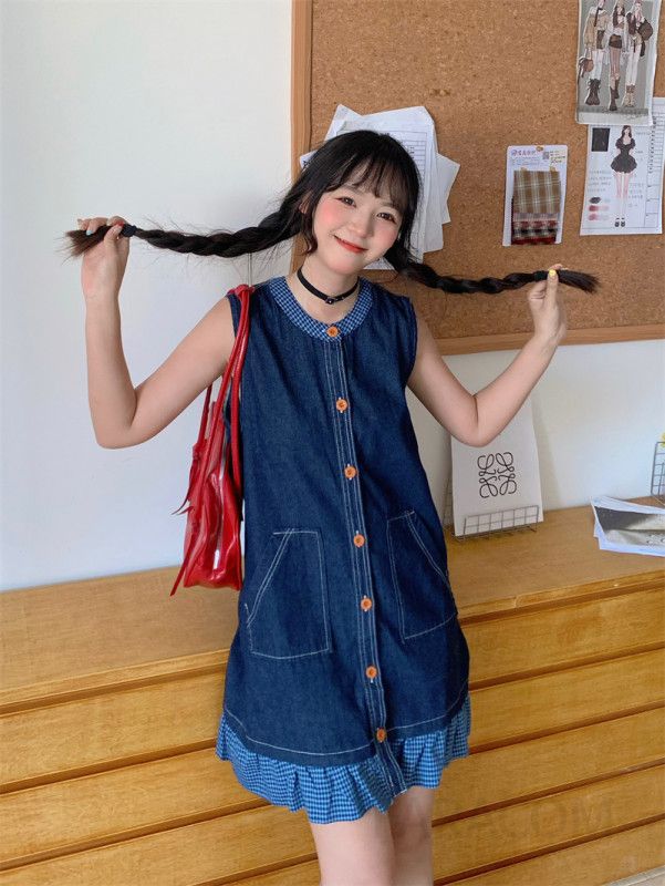 여성 라운드넥 민소매 H라인 데님 원피스 워싱 하이웨스트 버튼 롱 청원피스 데일리 오피스룩 봄 여름