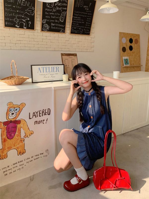 여성 라운드넥 민소매 H라인 데님 원피스 워싱 하이웨스트 버튼 롱 청원피스 데일리 오피스룩 봄 여름