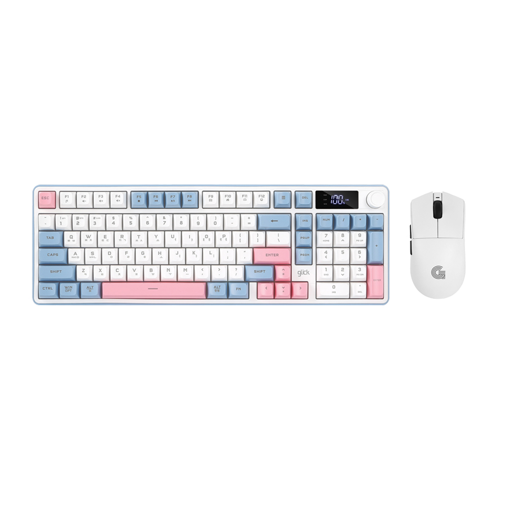 지클릭커 오피스프로 WMK990 사일런스 M RGB 풀윤활 무소음 방수 무선 블루투스 LCD 98 키보드 마우스 세트 Sky Pink - 상품 이미지