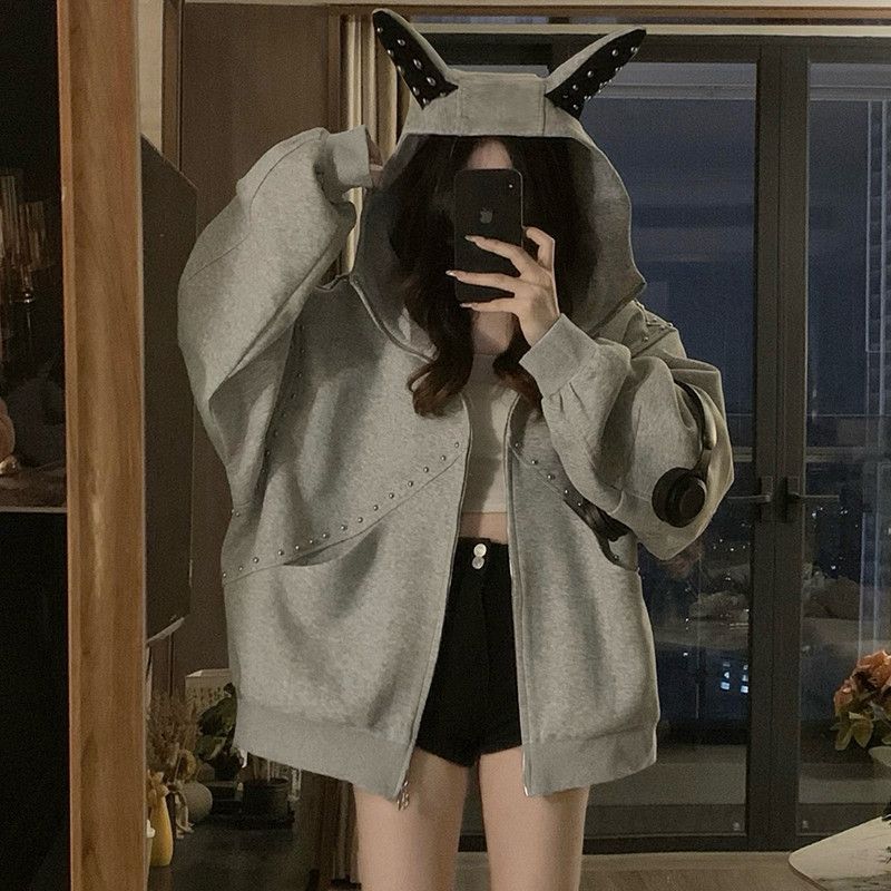 여성 빅사이즈 오버핏 후드집업 맨투맨 캐릭터 귀여운 데일리 루즈핏 스트릿 볼륨소매 봄 가을 - 상세 이미지 5