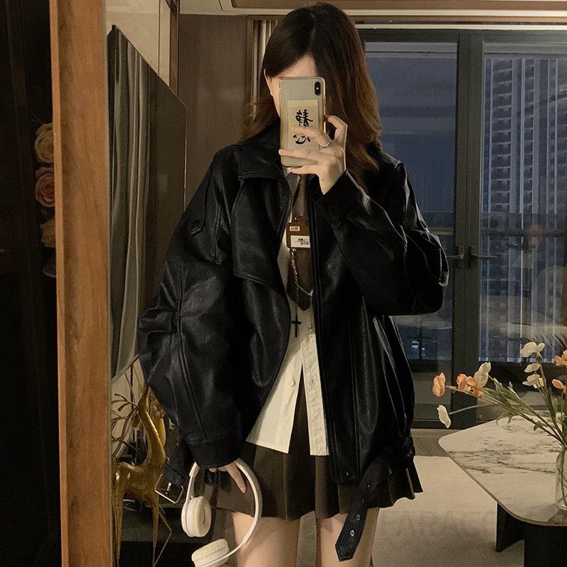 여성 빅사이즈 루즈핏 오버핏 레더 자켓 간절기 가을 데일리 인조가죽 아우터 코디 점퍼 봄 가을 - 상세 이미지 3