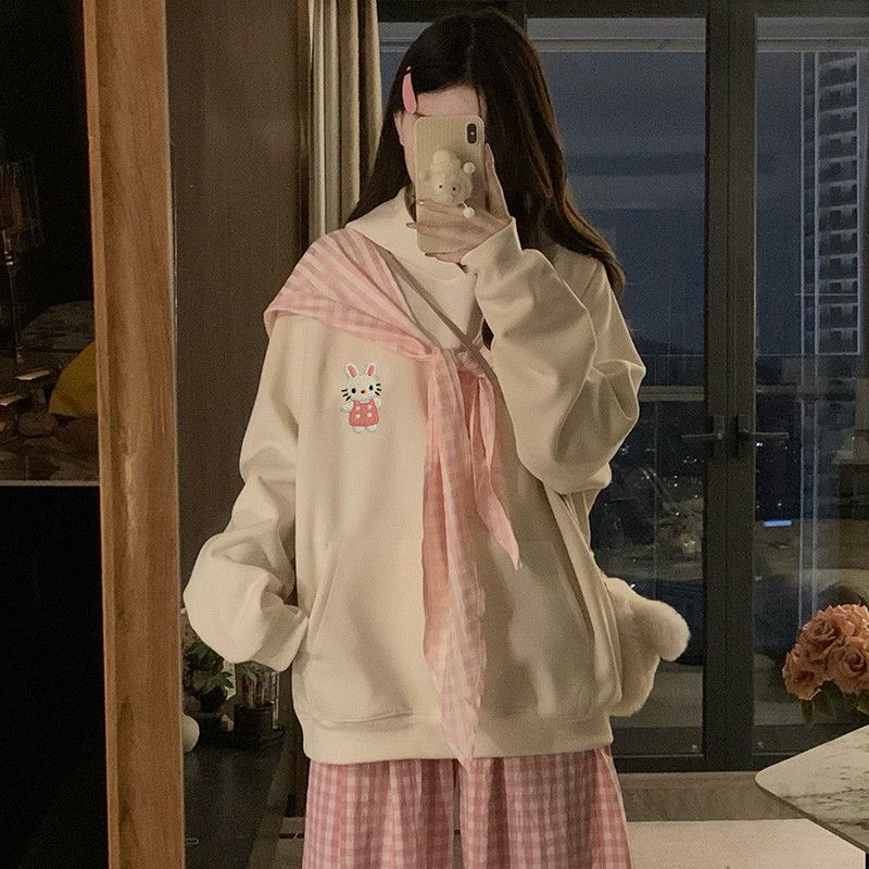 여성 빅사이즈 귀여운 토끼 자수 후드 맨투맨 스카프 코디 오버핏 데일리 캐주얼 캠퍼스 스쿨룩 루즈핏 긴팔 티셔츠 가을 - 메인 이미지