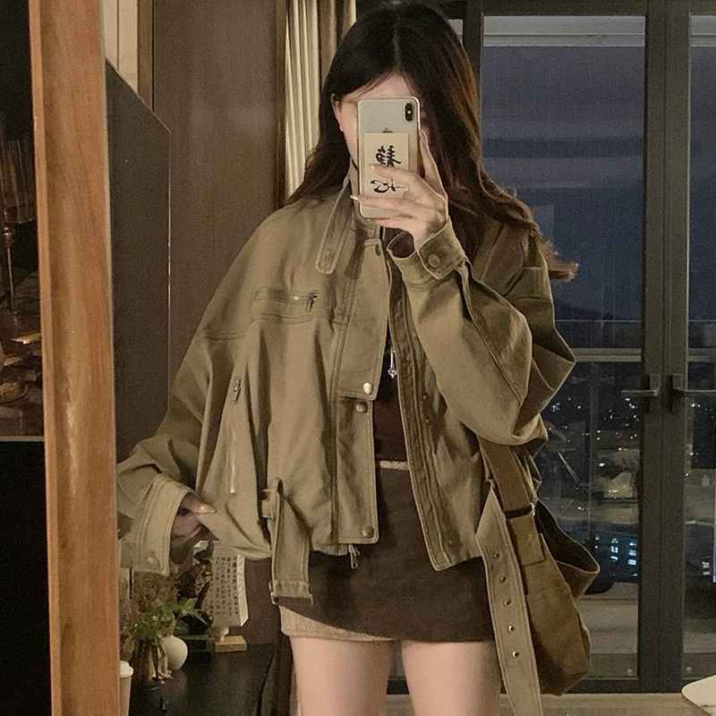 여성 빅사이즈 스탠드넥 워싱 야상자켓 벨티드 포켓 루즈핏 점퍼 오버핏 아우터 데일리 캠퍼스룩 봄 가을 - 상세 이미지 2