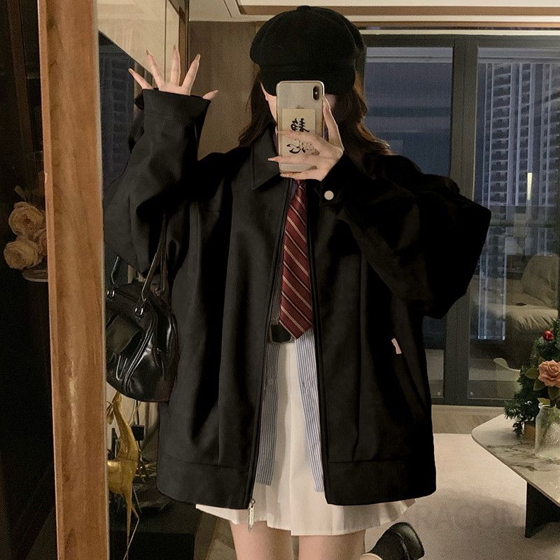 여성 오버핏 루즈핏 박시핏 카라넥 빅사이즈 지퍼 점퍼 자켓 데일리 캐주얼 스트릿 간절기 아우터 봄 가을 코디 - 상세 이미지 4