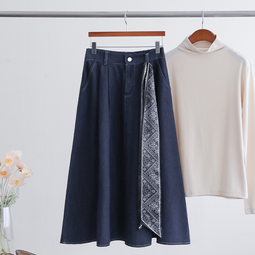 SET 엘노아 스카프 세트 A라인 핀턱 데님 롱 스커트 - 상세 이미지 2