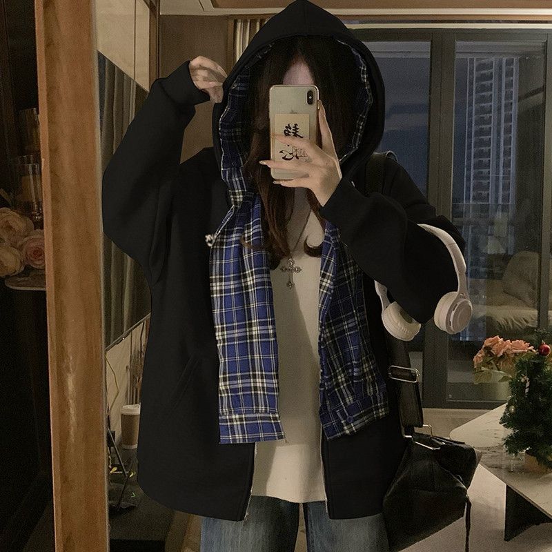 여성 빅사이즈 루즈핏 오버핏 레이어드 체크 스카프 후드집업 아카데미 캠퍼스 캐주얼 레트로 간절기 집업 점퍼 봄 가을 - 상세 이미지 2