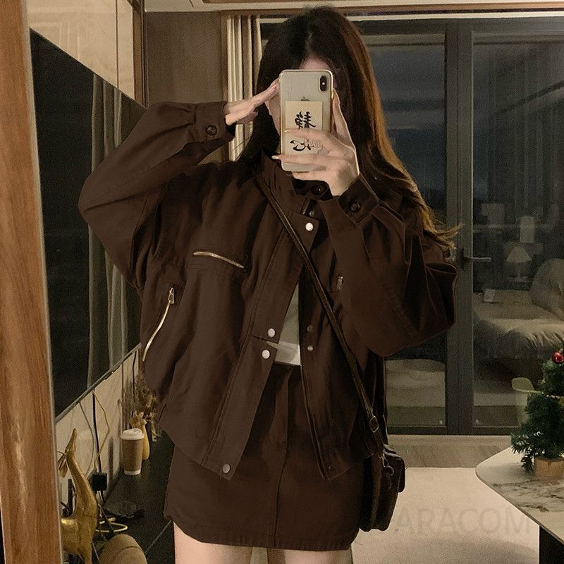 여성 빅사이즈 오버핏 루즈핏 크롭 숏 워크웨어 자켓 점퍼 사파리 아우터 캐주얼 봄 가을 - 상세 이미지 4