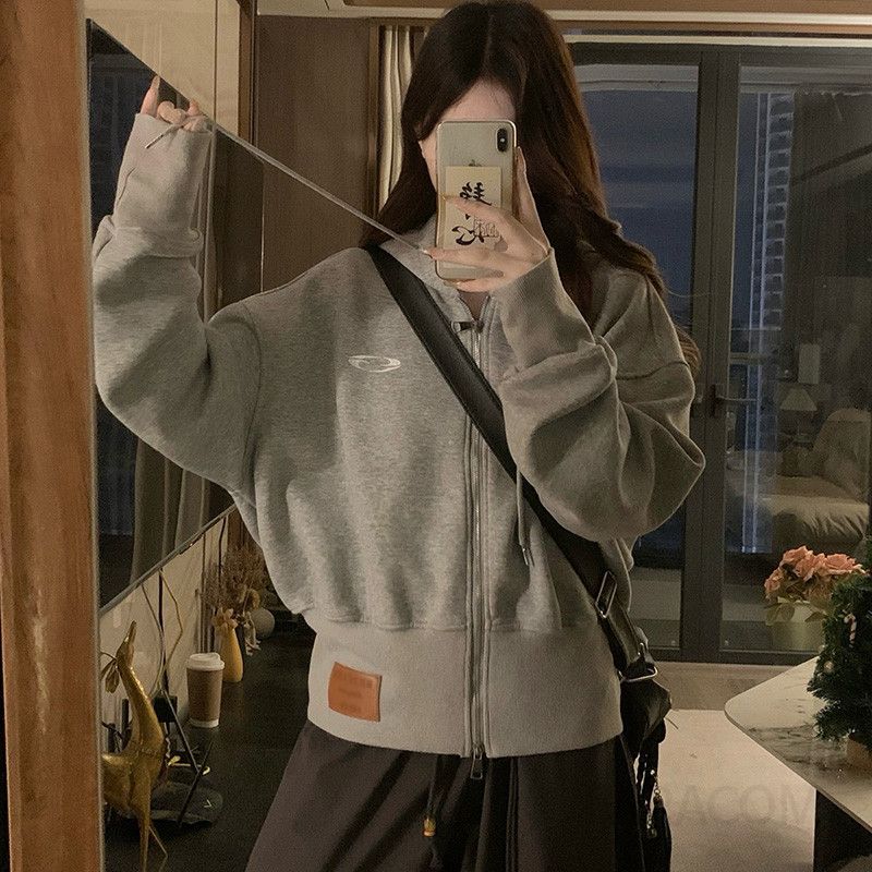 여성 오버핏 후드 스웨트셔츠 가을용 복고풍 캐주얼 재킷 경량 착용감 좋은 후드집업 커플룩 스타일 데일리 아우터 - 상세 이미지 5