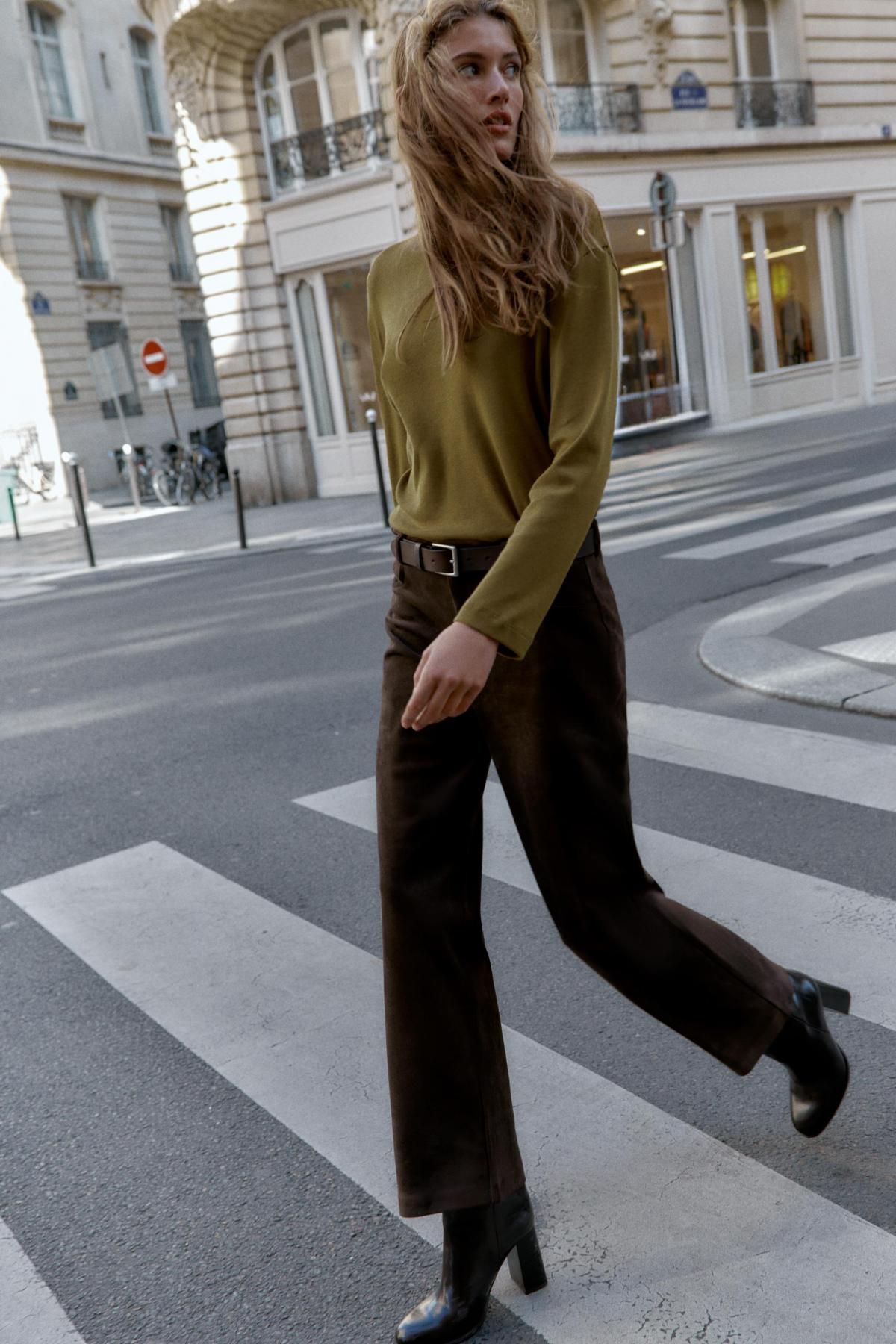 자라 리브드 베이직 라운드넥 긴팔 티셔츠 6912/630 OLIVE GREEN - 상세 이미지 2
