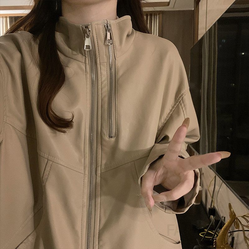 여성 빅사이즈 아메리칸 복고 워크웨어 더블지퍼 스탠넥 간절기 간편핏 자켓 점퍼 봄 가을 - 상세 이미지 3
