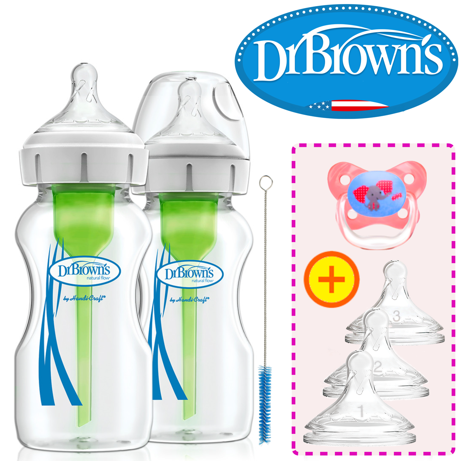 닥터브라운 오피셜 / 유리 젖병 와이드넥 270ml 2개, 젖꼭지/쪽쪽이 옵션선물 - 상품 이미지