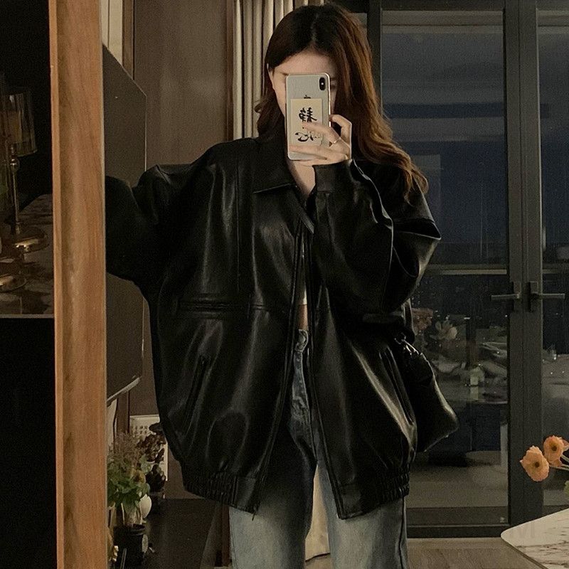 여성 빅사이즈 오버핏 루즈핏 카라 시크 코팅 레더 가죽 점퍼 항공 자켓 재킷 아우터 봄 가을 - 상세 이미지 4