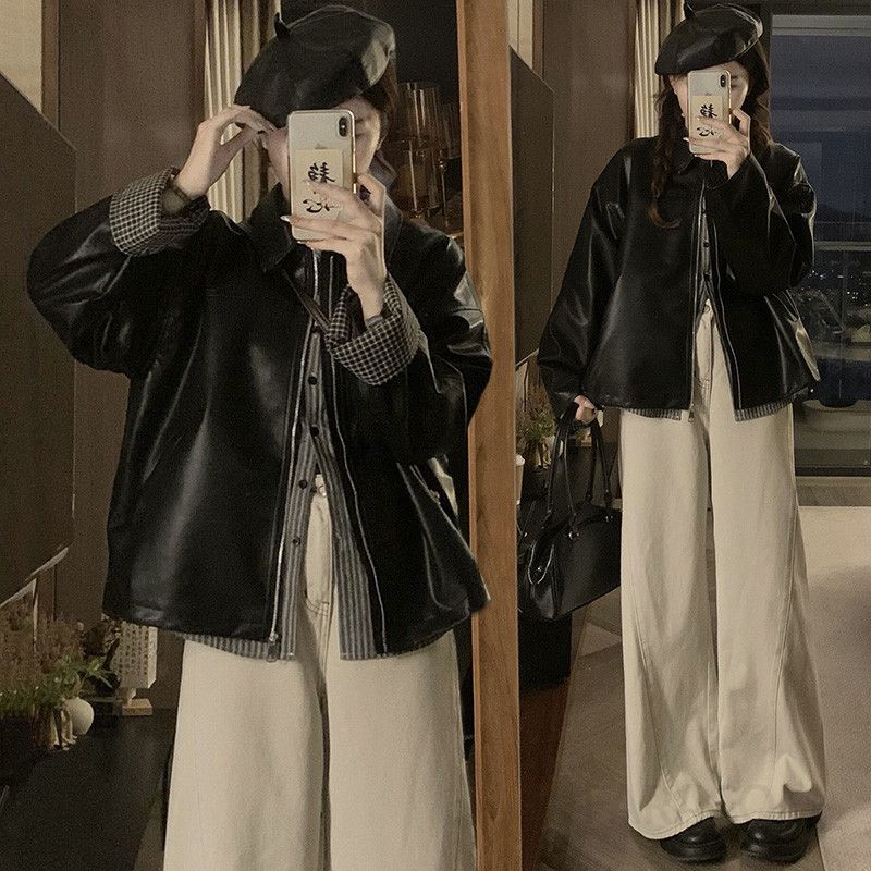 여성 빅사이즈 카라 인조가죽 레더 숏 자켓 루즈핏 오버핏 점퍼 브리티시 체크 배색 소매 간절기 가을 겨울 - 상품 이미지