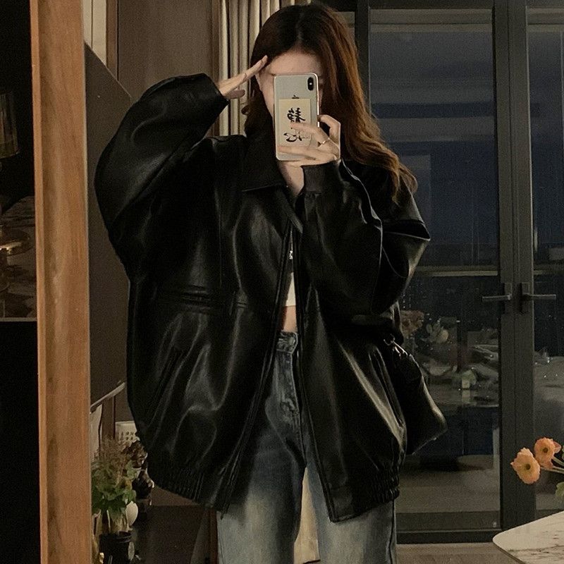여성 빅사이즈 오버핏 루즈핏 빈티지 PU 레더 가죽 자켓 점퍼 야상 항공 아우터 간절기 데일리룩 봄 가을 - 상세 이미지 3