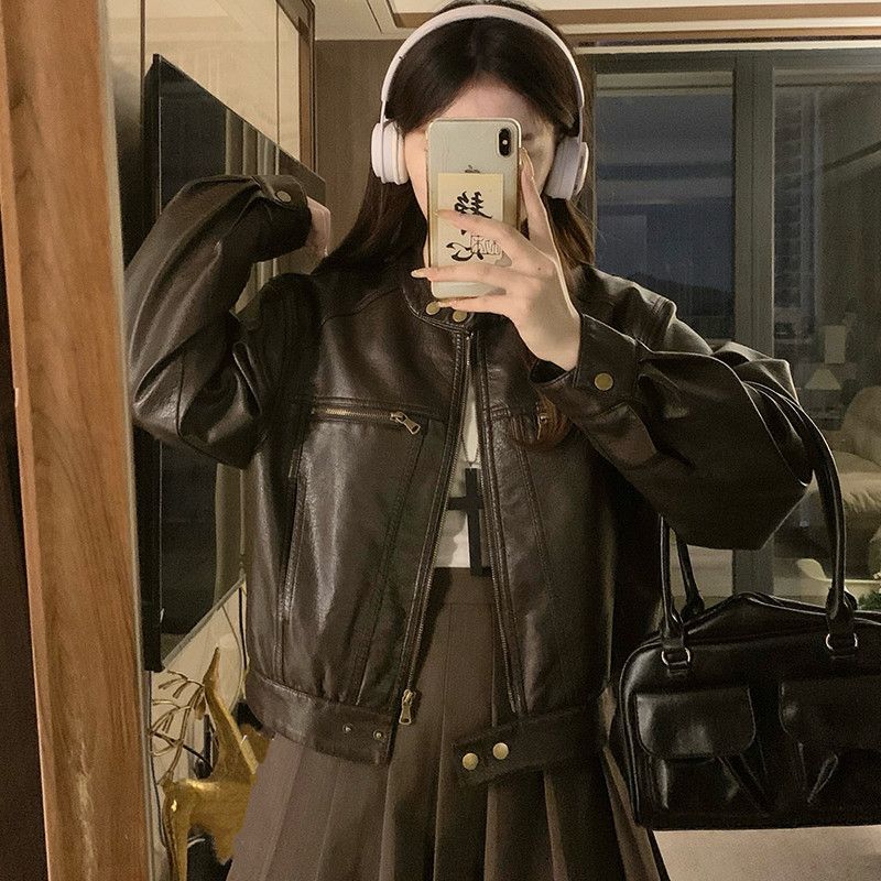 여성 레더 자켓 크롭 라이더 점퍼 간절기 아우터 인조가죽 항공점퍼 데일리 시크룩 루즈핏 봄 가을 코디 - 상세 이미지 3