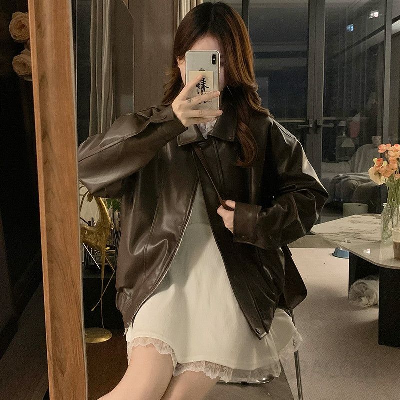 여성 빅사이즈 오버핏 레더 자켓 간절기 루즈핏 캐주얼 데일리 아우터 가을 가죽 점퍼 재킷 - 상세 이미지 4