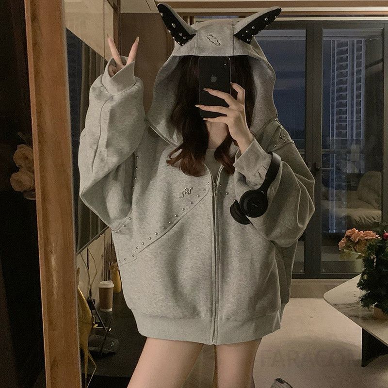 여성 빅사이즈 루즈핏 오버핏 귀여운 귀 후드집업 후드티 자켓 가을 간절기 데일리 캐주얼 스트릿 캠퍼스룩 아우터 점퍼 봄 가을 - 메인 이미지