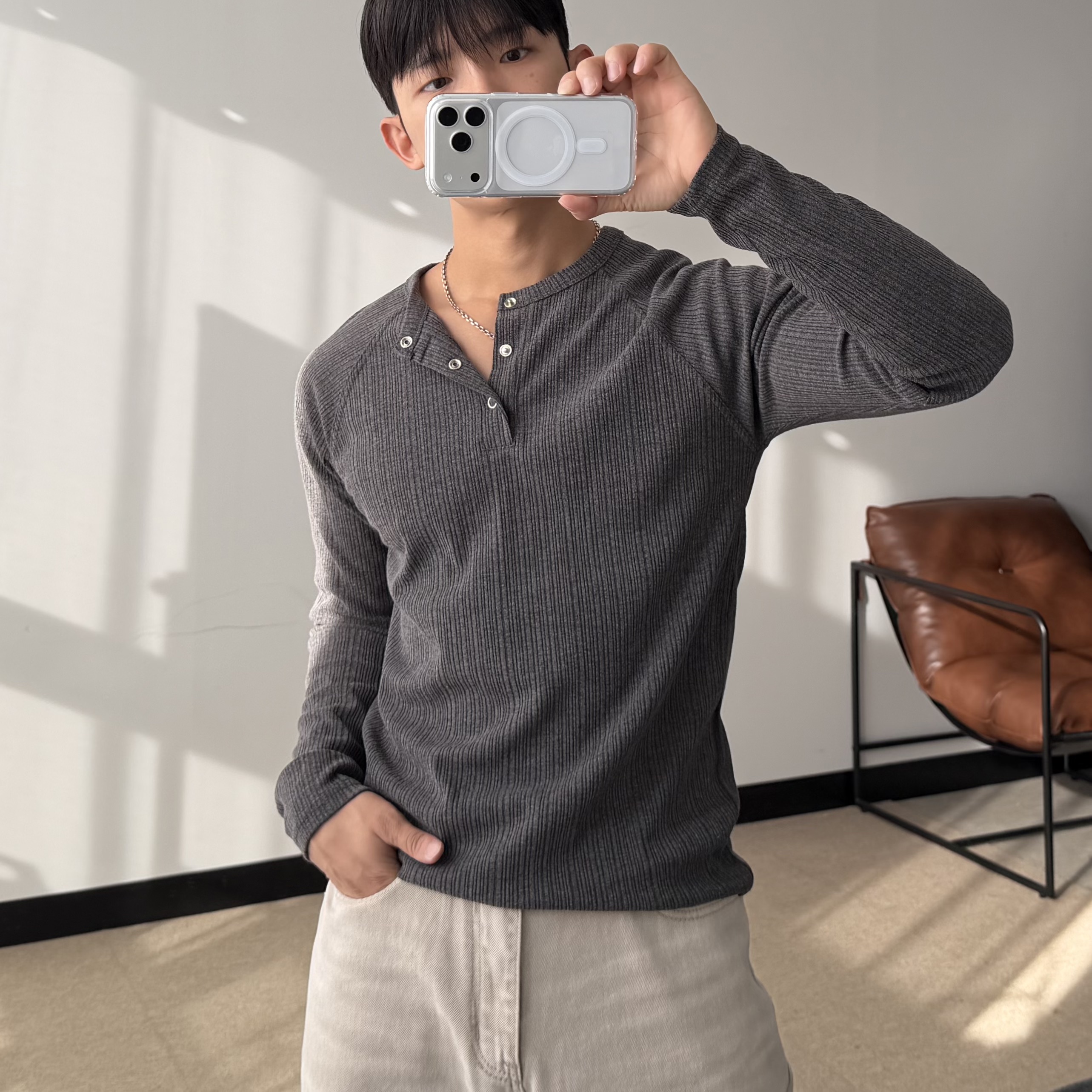하프집업 헨리넥긴팔 남자레이어드티 남성긴팔티셔츠 남자반목티 - 상세 이미지 4