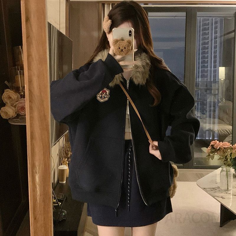 여성 빅사이즈 오버핏 후리스 후드 자켓 점퍼 스쿨룩 캠퍼스룩 데일리 보온성 따뜻한 부드러운 아우터 가을 겨울 - 상세 이미지 3