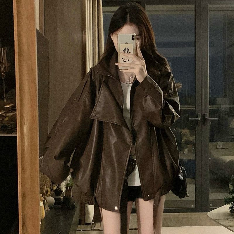 여성 오버핏 루즈핏 레더 가죽 자켓 빅사이즈 바이커 라이더 점퍼 아우터 데일리룩 캐주얼 무스탕 간절기 봄 가을 - 메인 이미지