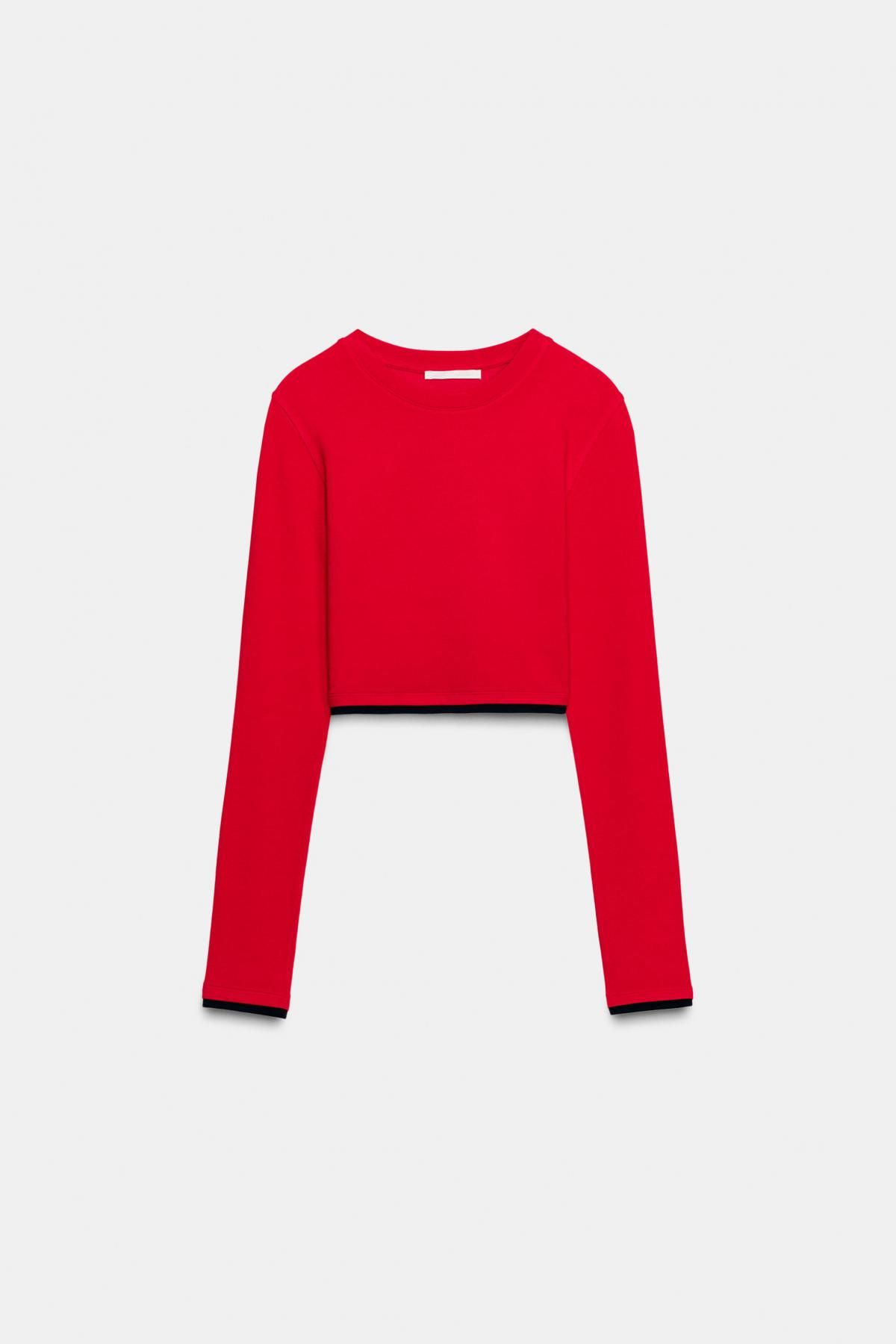 자라 슬림핏 크롭 라운드넥 테크니컬 긴팔 티셔츠 3641/887 RED - 메인 이미지