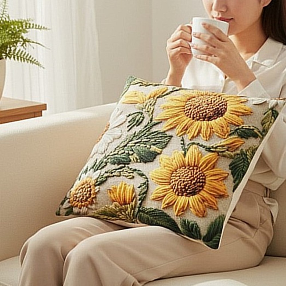 부자되는 해바라기 소파쿠션 솜포함 인테리어 패브릭 쿠션 - 상품 이미지