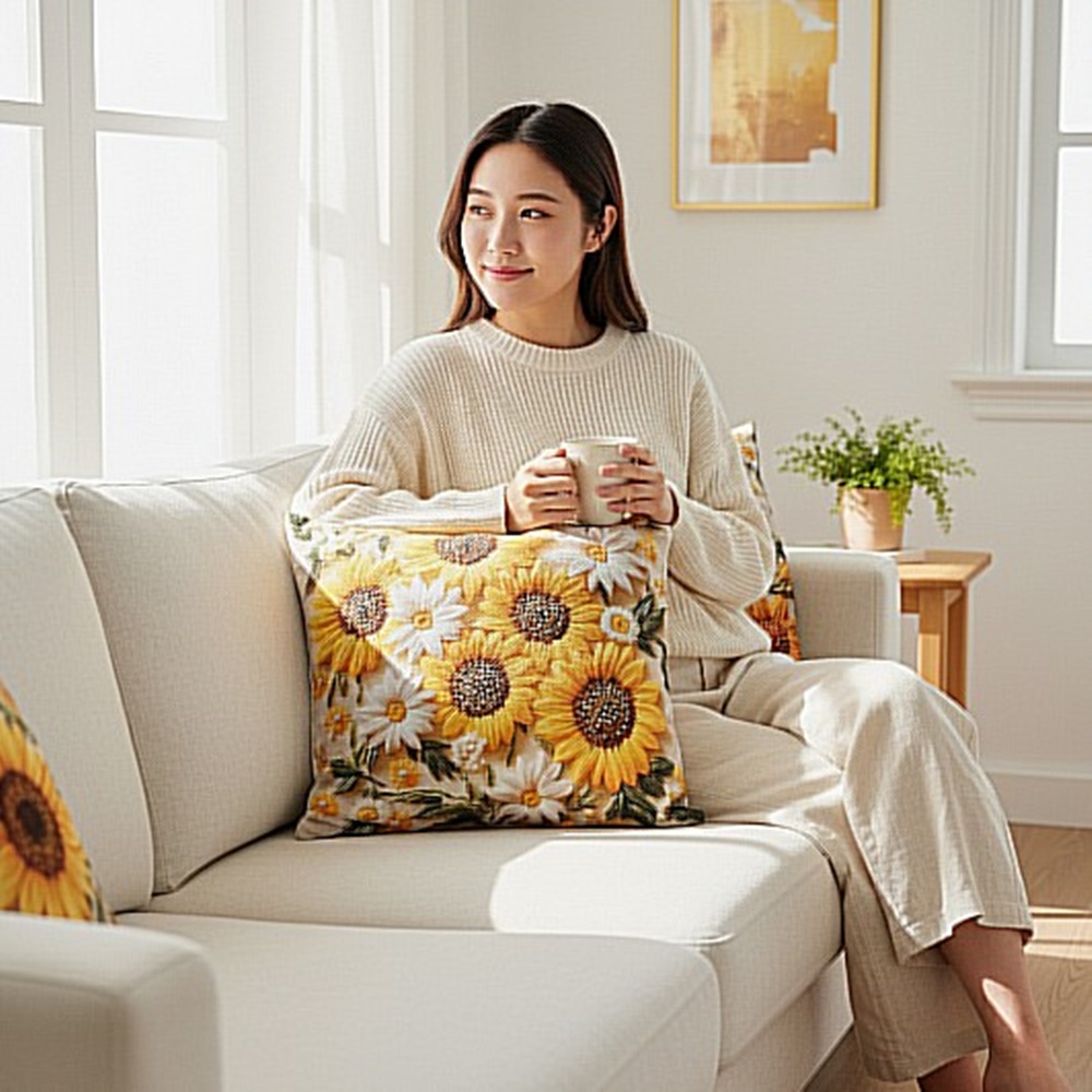 부자되는 해바라기 소파쿠션 솜포함 인테리어 패브릭 쿠션 - 상세 이미지 5