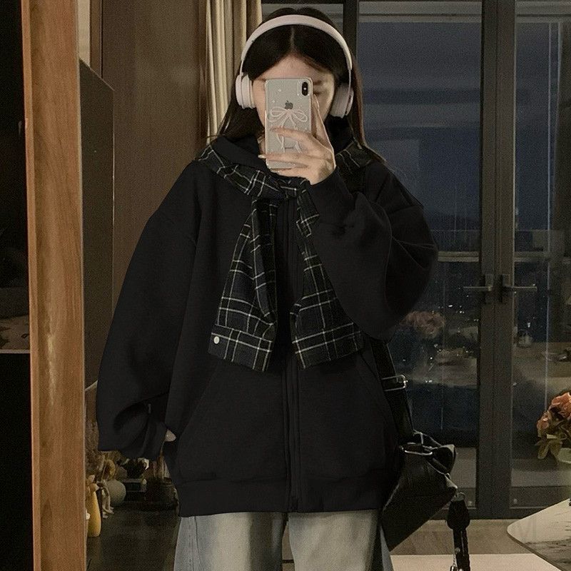 여성 빅사이즈 루즈핏 오버핏 투웨이 후드집업 체크 배색 카라 데일리 캠퍼스룩 점퍼 자켓 봄 가을 - 상세 이미지 4