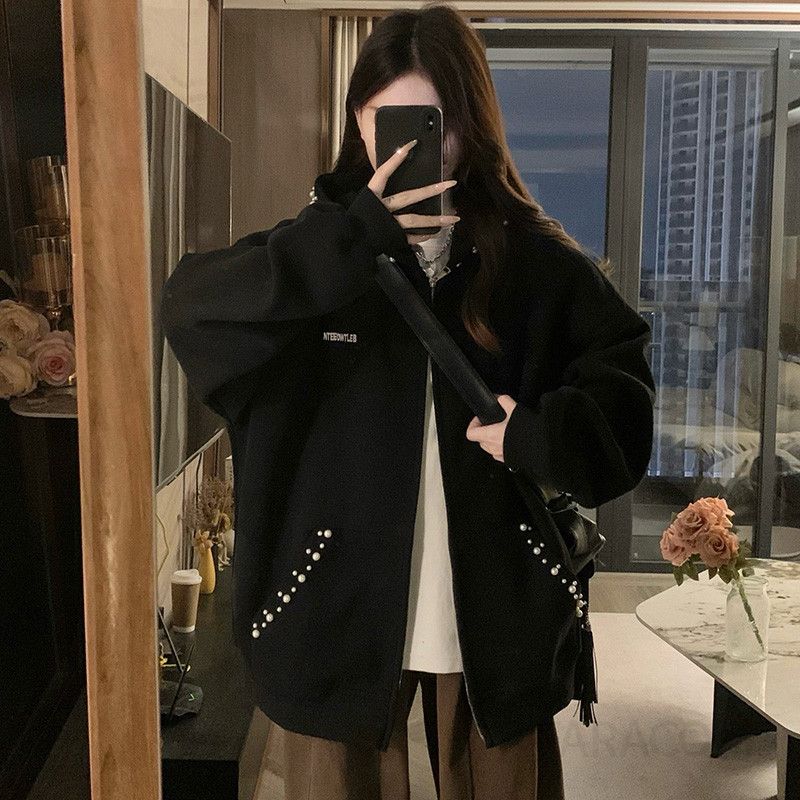 여성 빅사이즈 루즈핏 오버핏 진주장식 후드집업 집업 자켓 점퍼 재킷 후드티셔츠 봄 가을 - 상세 이미지 5