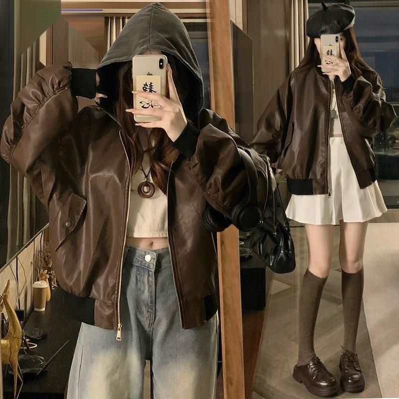 여성 빅사이즈 가을 겨울 레더 항공 점퍼 후드 모자탈부착 오버핏 캐주얼 루즈핏 박시핏 집업 자켓 - 상품 이미지