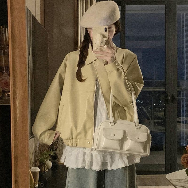 여성 빅사이즈 오버핏 카라 레더 크롭 자켓 점퍼 캐주얼 아우터 간절기 데이트룩 캠퍼스룩 봄 가을 - 상세 이미지 3