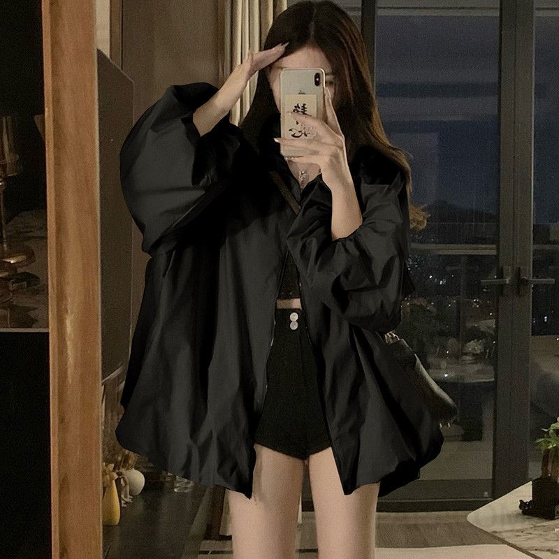 여성 빅사이즈 벌룬 퍼프소매 오버핏 루즈핏 카라 집업 블라우스 가을 간절기 데일리룩 아우터 점퍼 봄 가을 - 상세 이미지 4
