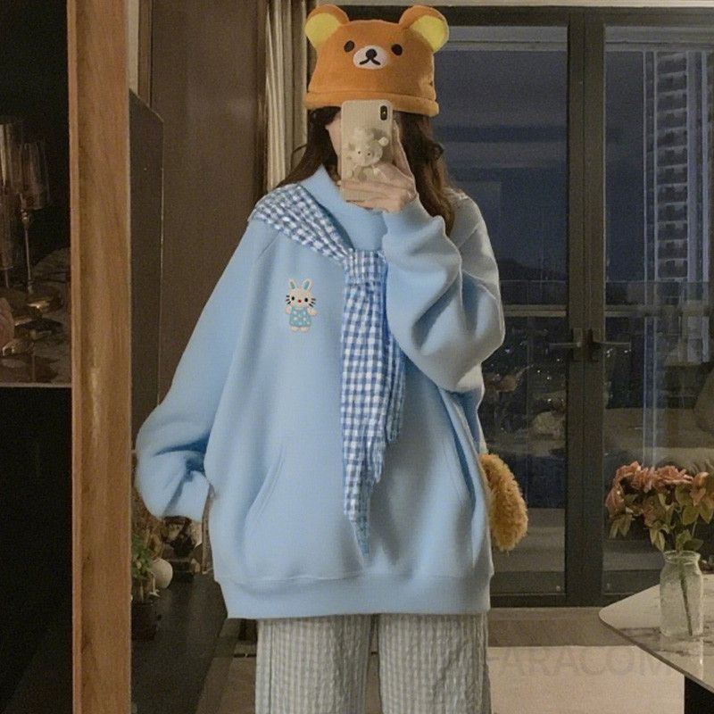 여성 빅사이즈 귀여운 토끼 자수 후드 맨투맨 스카프 코디 오버핏 데일리 캐주얼 캠퍼스 스쿨룩 루즈핏 긴팔 티셔츠 가을 - 상세 이미지 3