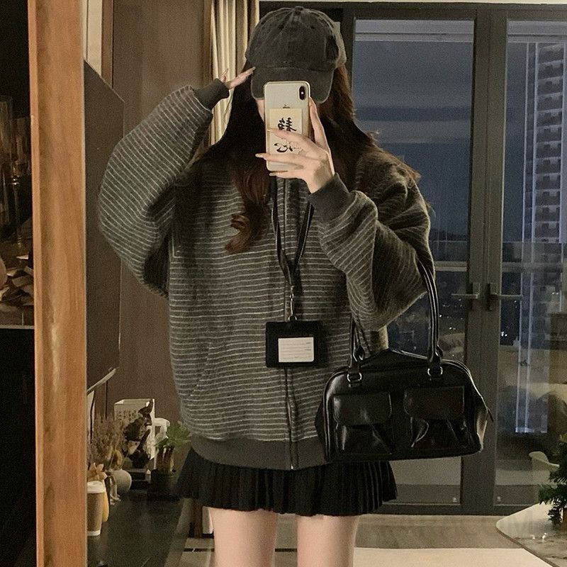 여성 빅사이즈 오버핏 루즈핏 스트라이프 단가라 후드집업 캐주얼 집업 자켓 점퍼 데일리룩 봄 가을 - 상세 이미지 4