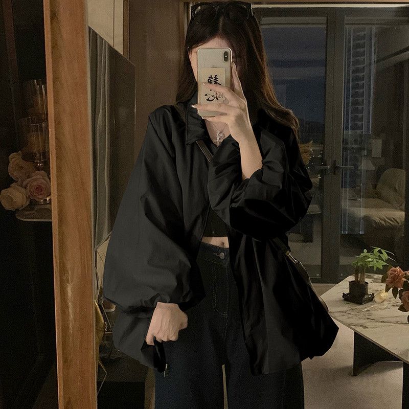 여성 빅사이즈 벌룬 퍼프소매 오버핏 루즈핏 카라 집업 블라우스 가을 간절기 데일리룩 아우터 점퍼 봄 가을 - 상세 이미지 3