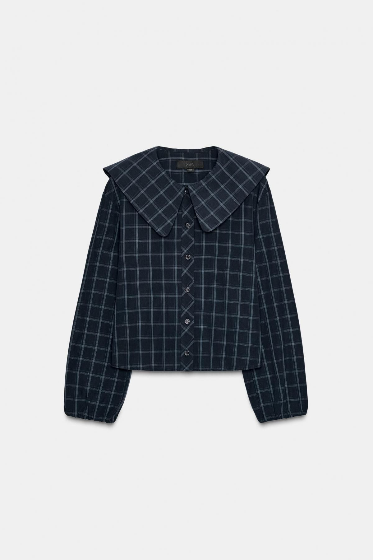 자라 체크 페미닌 피터팬카라 코튼 긴팔 셔츠 3067/830 BLUE / NAVY - 메인 이미지