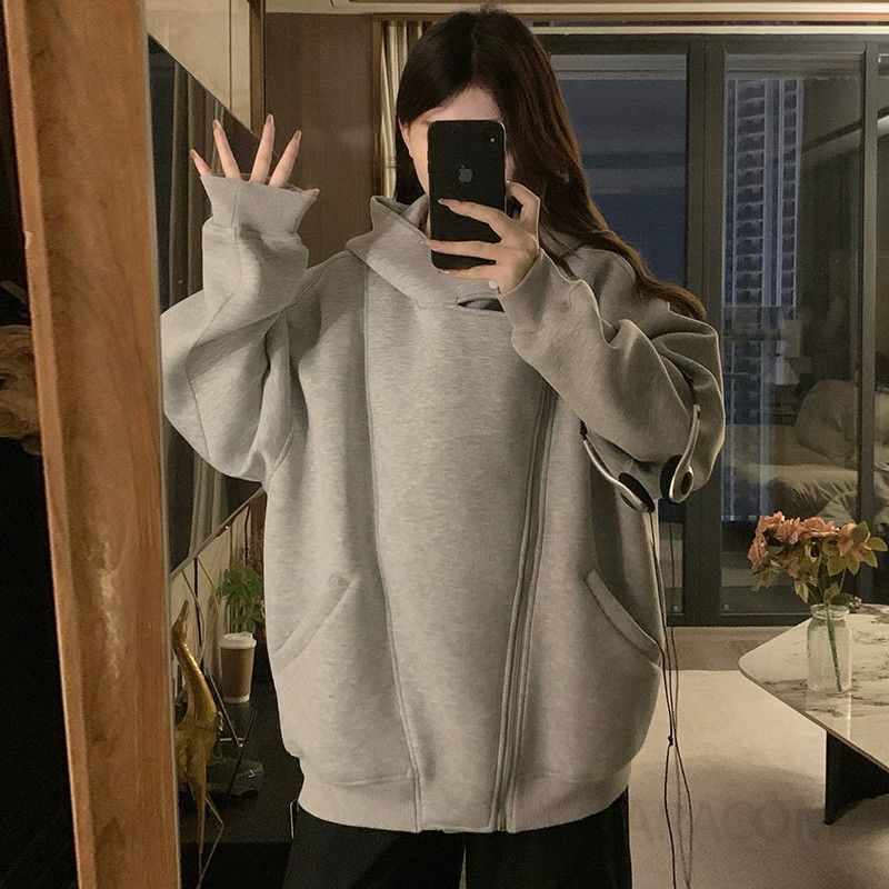여성 빅사이즈 오버핏 루즈핏 후드집업 언발란스 유니크 디자인 집업자켓 아우터 간절기 데일리 데이트룩 캠퍼스룩 가을 겨울 - 상세 이미지 3