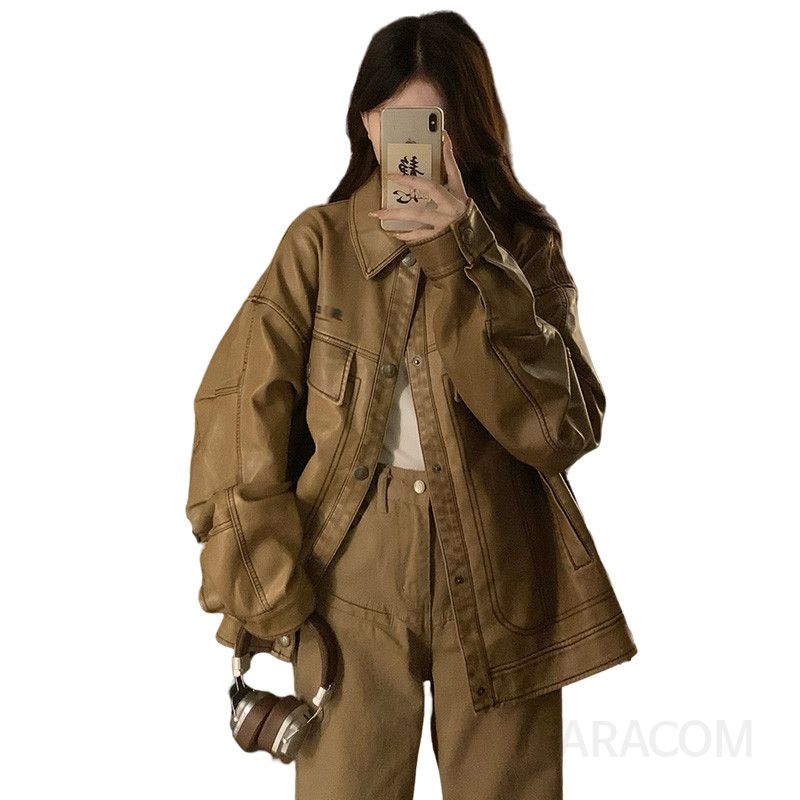 여성 빅사이즈 오버핏 레더 가죽 자켓 빈티지 카라 점퍼 루즈핏 포켓 봄 가을 겨울 데일리룩 - 상세 이미지 5