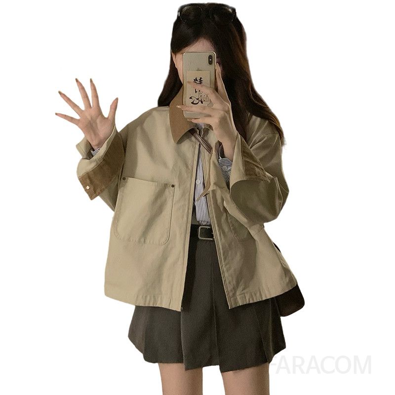 여성 코듀로이 배색 카라 아웃포켓 크롭 아카데미 간절기 데일리 루즈핏 숏 자켓 점퍼 봄 가을 - 상세 이미지 5