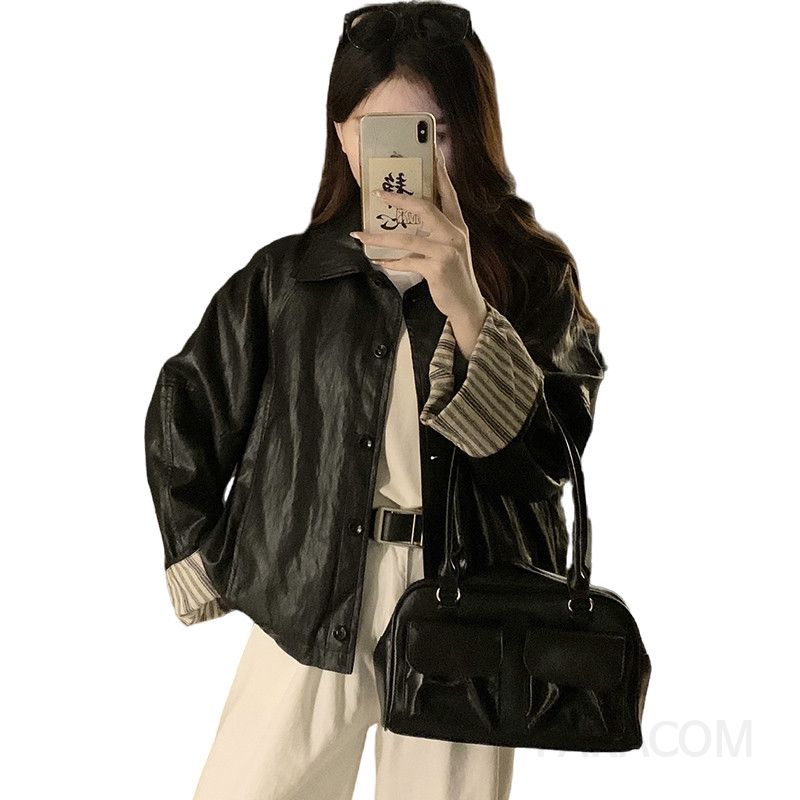 여성 오버핏 루즈핏 레더 자켓 크롭 카라 가죽 점퍼 아우터 간절기 데일리룩 시크 모던 가을 겨울 - 상세 이미지 5