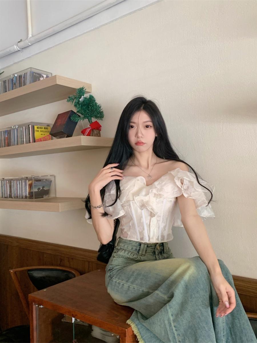 셔츠 오프숄더블라우스 숄더 밴딩 스퀘어넥 스트라이프 벌룬 브이넥 반팔 블라우스 흰색블라우스 사진 색상 S 49.5kg 미만 - 상세 이미지 3