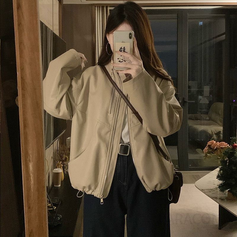 여성 빅사이즈 레트로 캐주얼 크롭 오버핏 항공점퍼 아메리칸 복고 워크웨어 집업 자켓 아우터 봄 가을 - 상세 이미지 2
